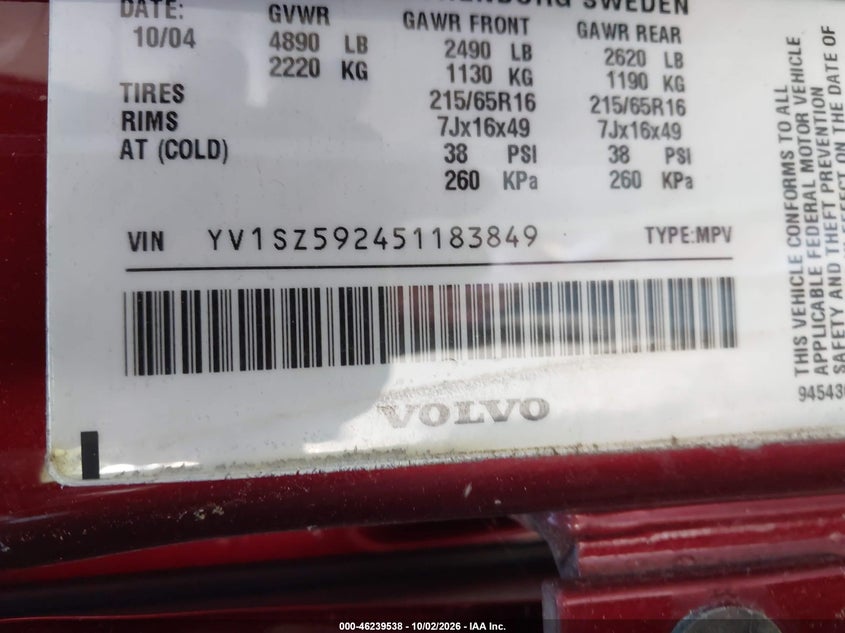 VOLVO XC70 2005 VIN YV1SZ592451183849