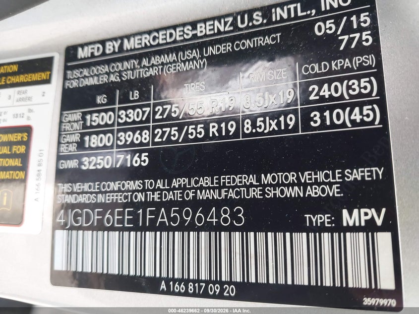 MERCEDES-BENZ GL 450 2015 VIN 4JGDF6EE1FA596483