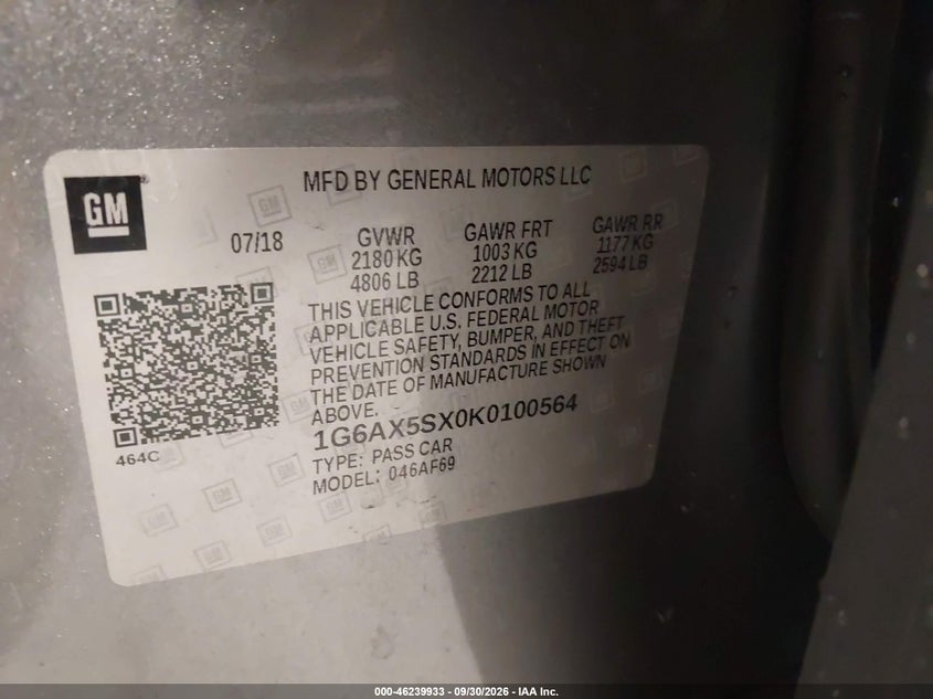 CADILLAC CTS 2019 VIN 1G6AX5SX0K0100564