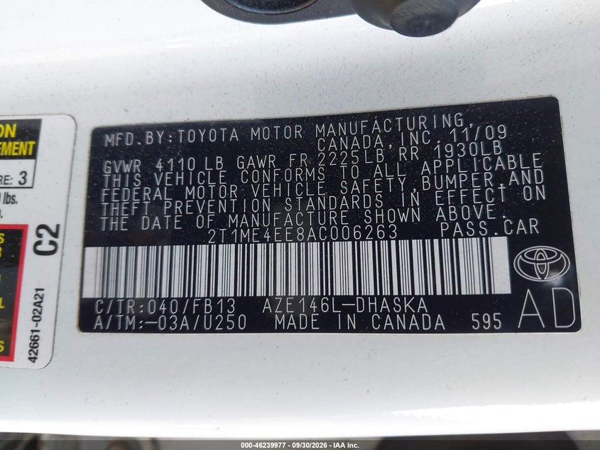 TOYOTA MATRIX 2010 VIN 2T1ME4EE8AC006263