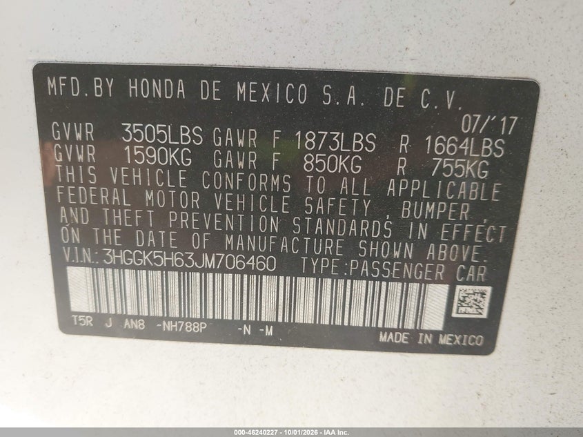 HONDA FIT 2018 VIN 3HGGK5H63JM706460