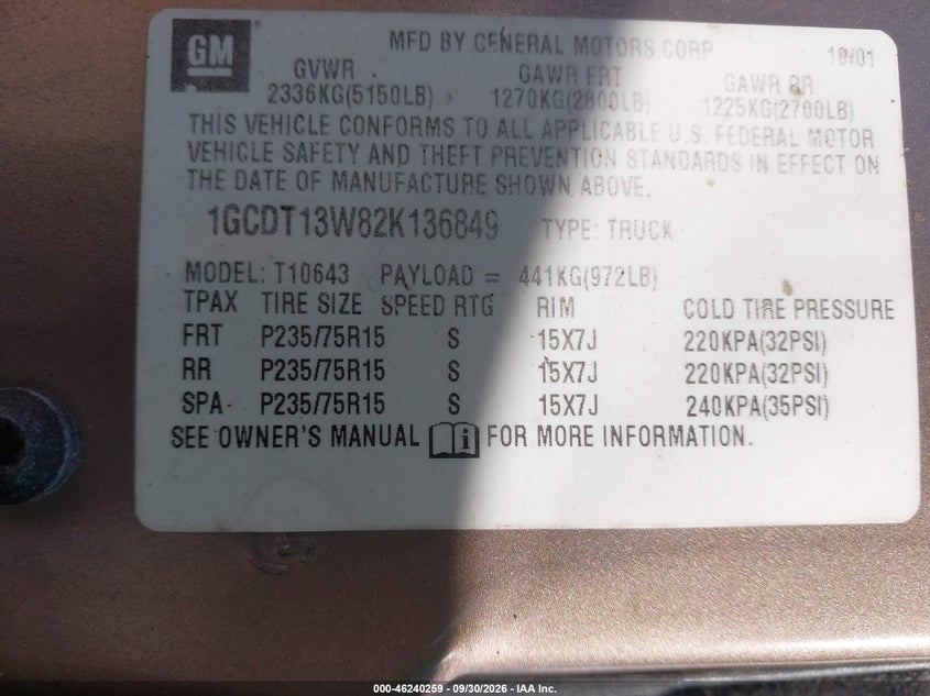 CHEVROLET S-10 2002 VIN 1GCDT13W82K136849