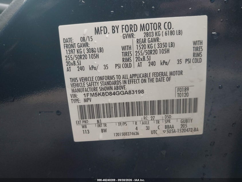 FORD EXPLORER 2016 VIN 1FM5K8D84GGA83198