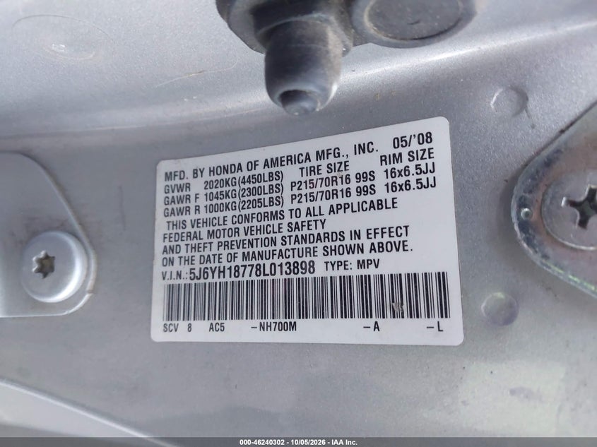 HONDA ELEMENT 2008 VIN 5J6YH18778L013898