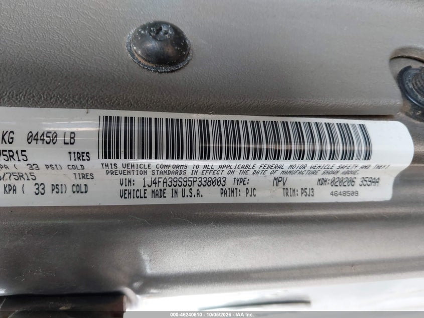 JEEP WRANGLER 2005 VIN 1J4FA39S95P338003