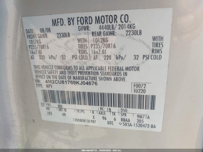 MERCURY MARINER 2009 VIN 4M2CU81769KJ04676
