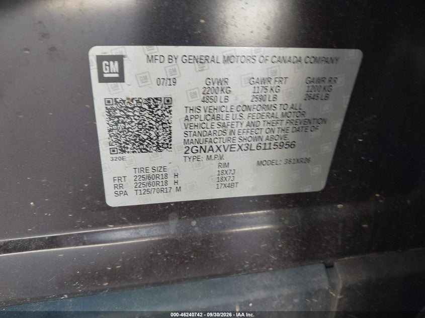 CHEVROLET EQUINOX 2020 VIN 2GNAXVEX3L6115956