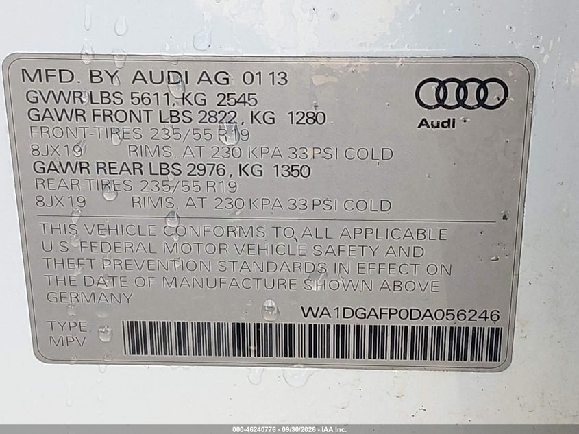 AUDI Q5 2013 VIN WA1DGAFP0DA056246