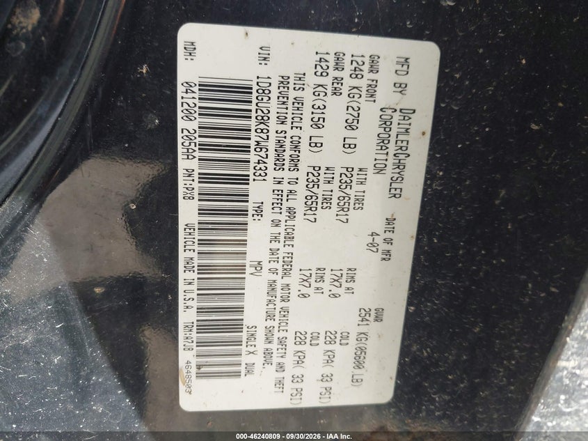 DODGE NITRO 2007 VIN 1D8GU28K87W674331