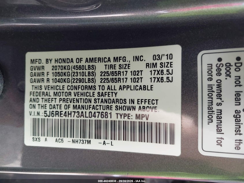 HONDA CR-V 2010 VIN 5J6RE4H73AL047681