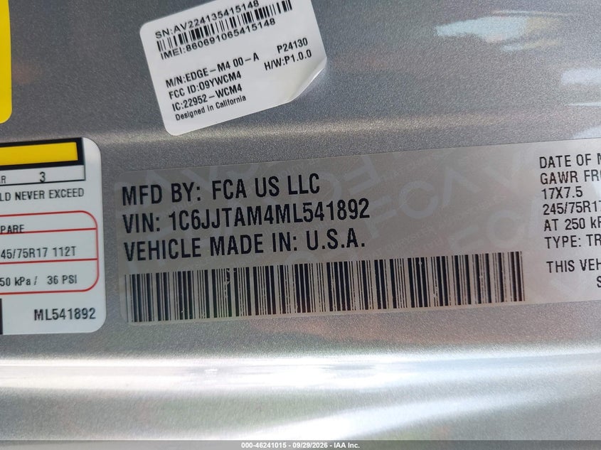 JEEP GLADIATOR 2021 VIN 1C6JJTAM4ML541892