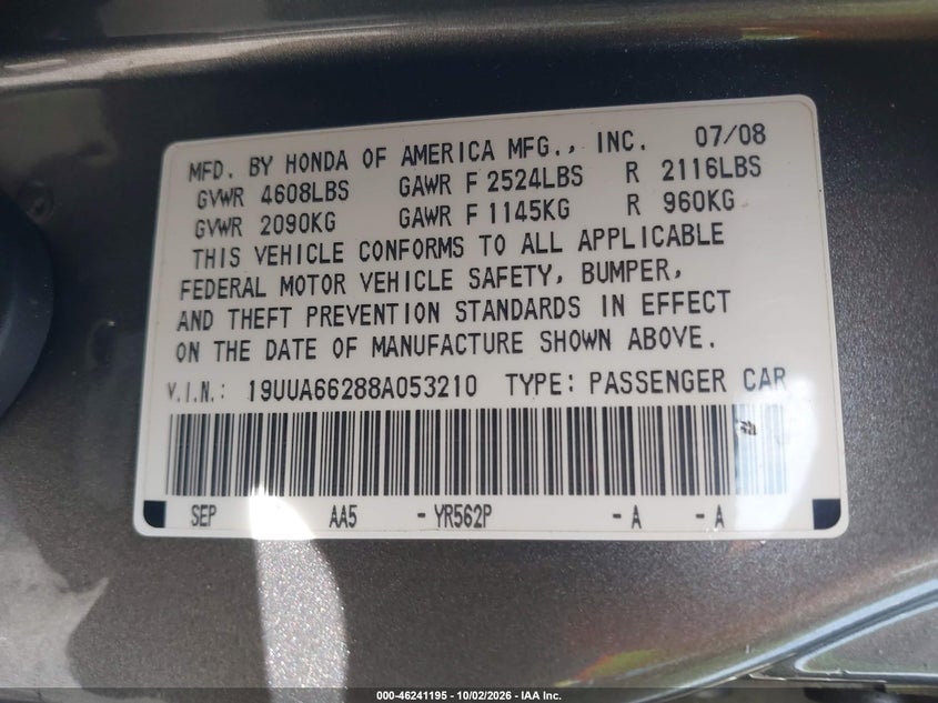 ACURA TL 2008 VIN 19UUA66288A053210