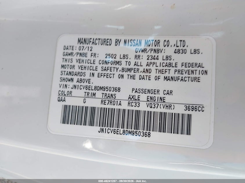 INFINITI G37X 2013 VIN JN1CV6EL8DM950368