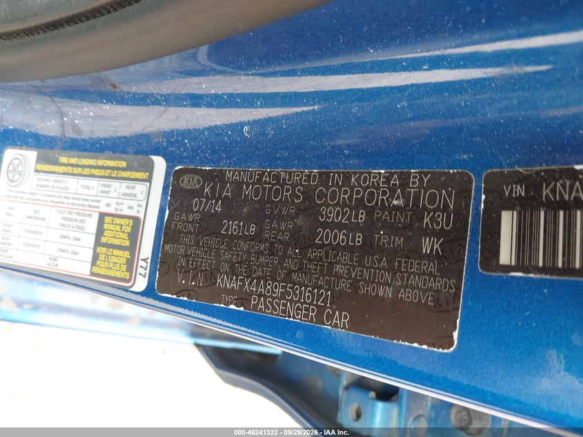 KIA FORTE 2015 VIN KNAFX4A89F5316121