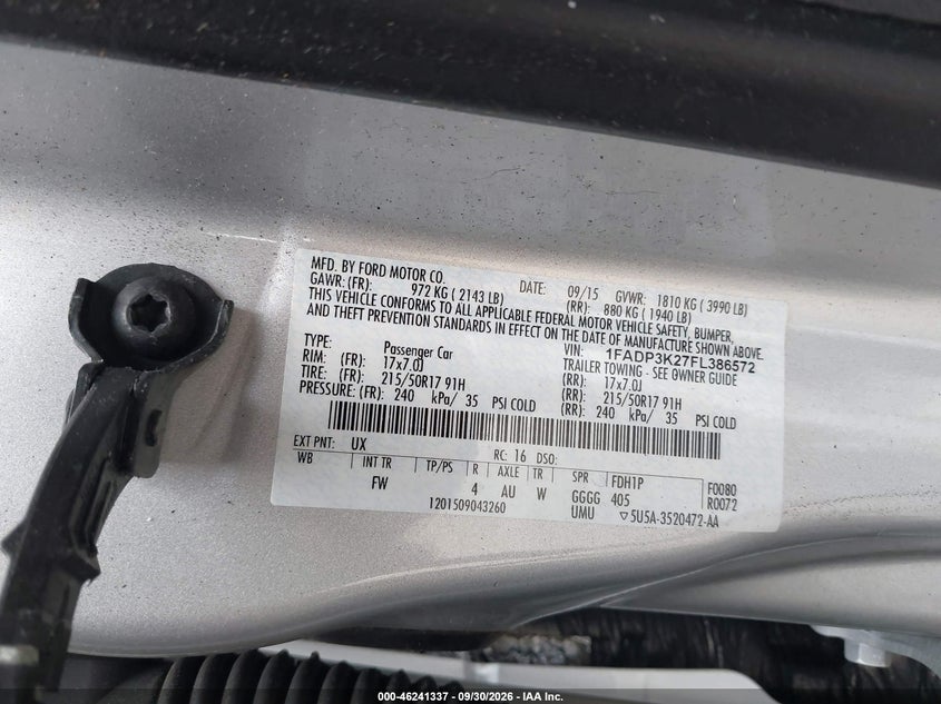 FORD FOCUS 2015 VIN 1FADP3K27FL386572