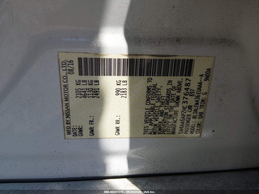 NISSAN MAXIMA 2017 VIN 1N4AA6AP2HC376487