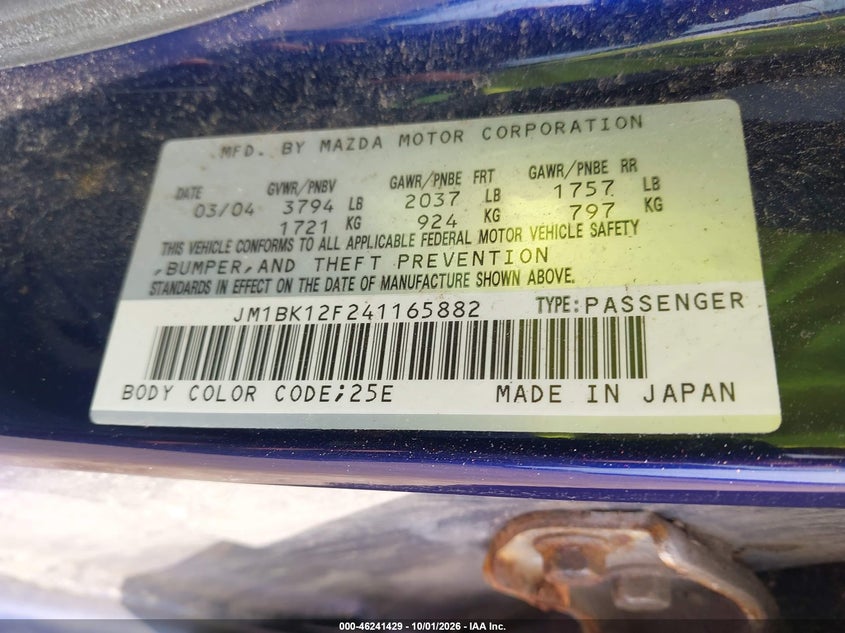MAZDA MAZDA3 2004 VIN JM1BK12F241165882