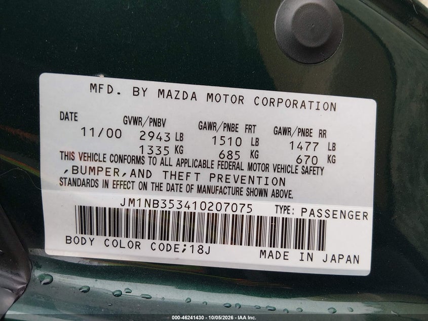 MAZDA MX-5 MIATA 2001 VIN JM1NB353410207075