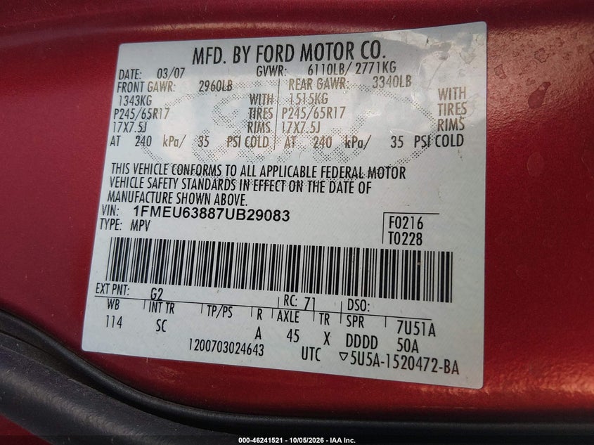 FORD EXPLORER 2007 VIN 1FMEU63887UB29083