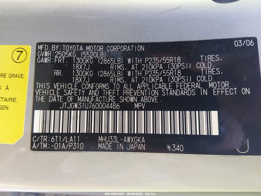 LEXUS RX 400H 2006 VIN JTJGW31U760004486