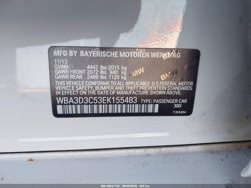 BMW 328D 2014 VIN WBA3D3C53EK155483
