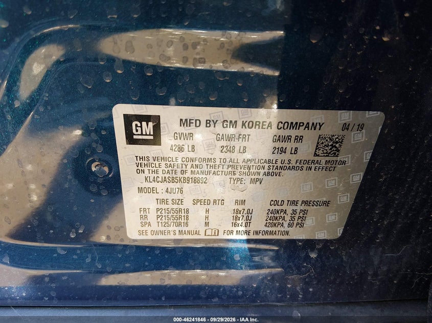 BUICK ENCORE 2019 VIN KL4CJASB5KB918892