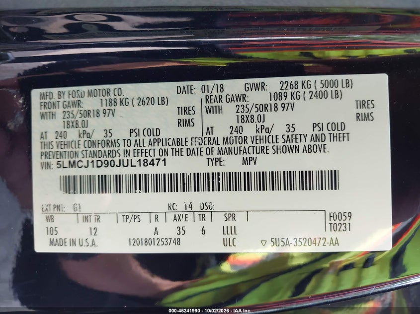 LINCOLN MKC 2018 VIN 5LMCJ1D90JUL18471