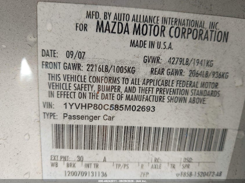 MAZDA MAZDA6 2008 VIN 1YVHP80C585M02693
