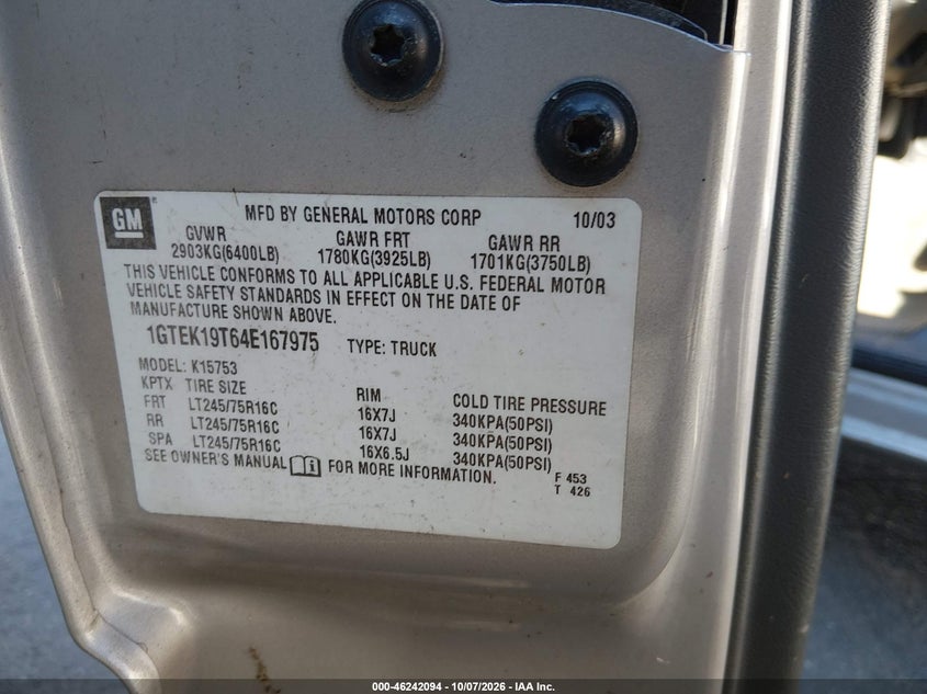 GMC SIERRA 1500 2004 VIN 1GTEK19T64E167975