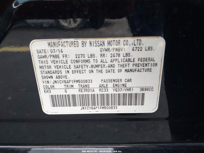 INFINITI Q40 2015 VIN JN1CV6AP1FM500833