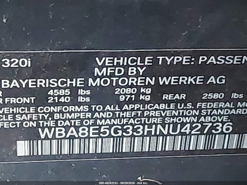 BMW 320I 2017 VIN WBA8E5G33HNU42736