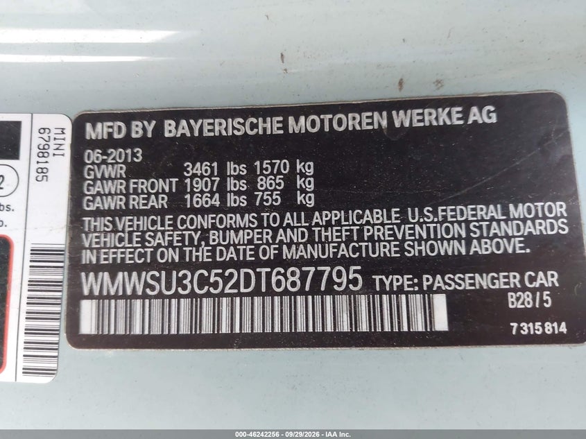 MINI HARDTOP 2013 VIN WMWSU3C52DT687795
