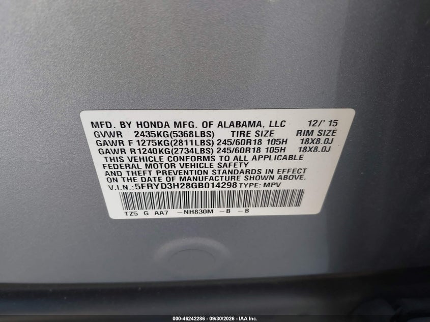 ACURA MDX 2016 VIN 5FRYD3H28GB014298