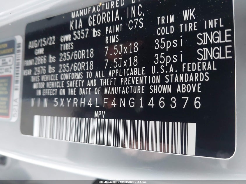 KIA SORENTO 2022 VIN 5XYRH4LF4NG146376