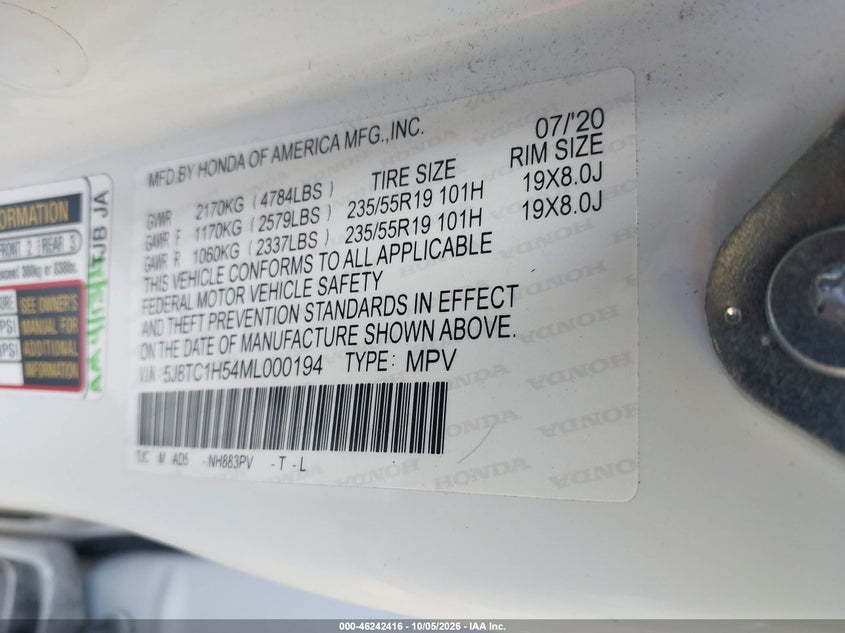 ACURA RDX 2021 VIN 5J8TC1H54ML000194