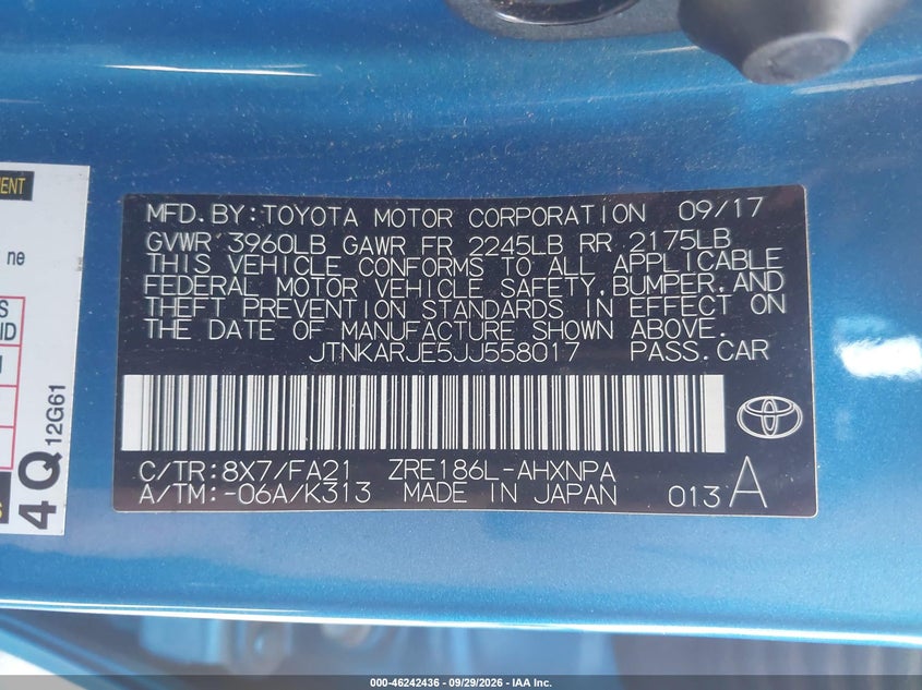 TOYOTA COROLLA IM 2018 VIN JTNKARJE5JJ558017