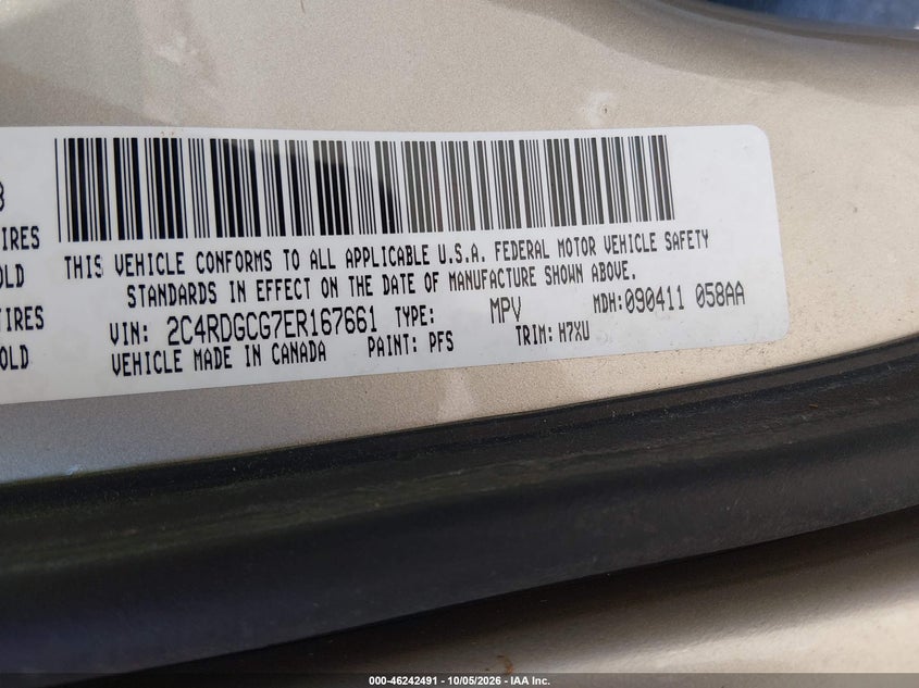 DODGE GRAND CARAVAN 2014 VIN 2C4RDGCG7ER167661