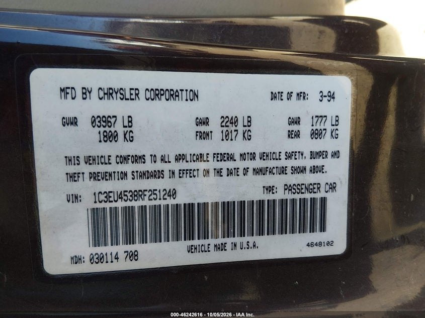 CHRYSLER LEBARON 1994 VIN 1C3EU4538RF251240