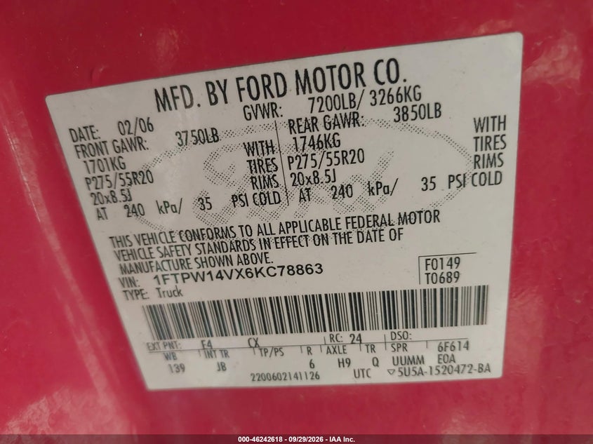 FORD F-150 2006 VIN 1FTPW14VX6KC78863