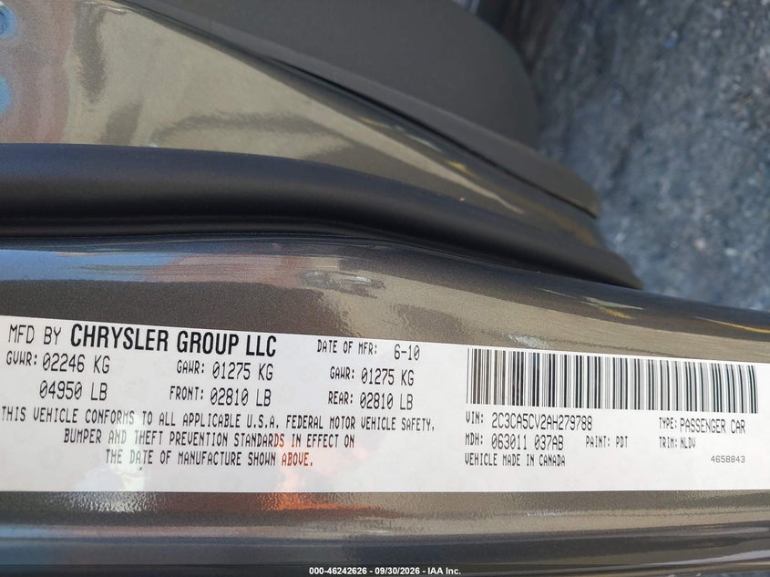 CHRYSLER 300 2010 VIN 2C3CA5CV2AH279788
