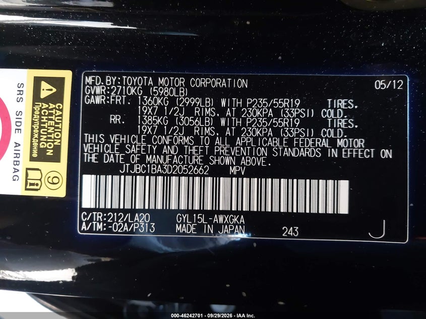 LEXUS RX 450H 2013 VIN JTJBC1BA3D2052662
