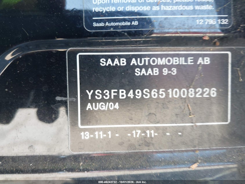 SAAB 9-3 2005 VIN YS3FB49S651008226