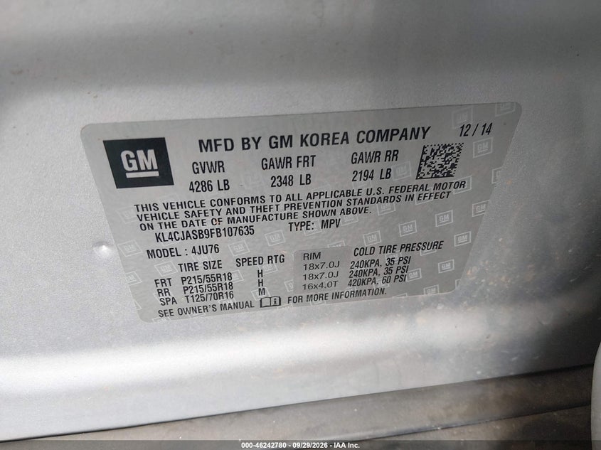 BUICK ENCORE 2015 VIN KL4CJASB9FB107635