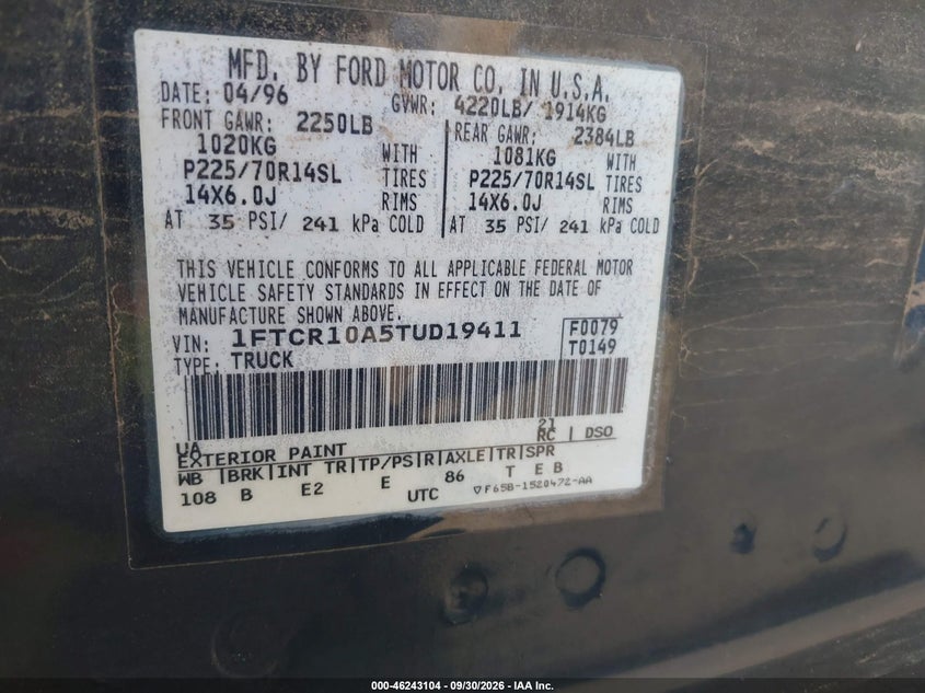 FORD RANGER 1996 VIN 1FTCR10A5TUD19411