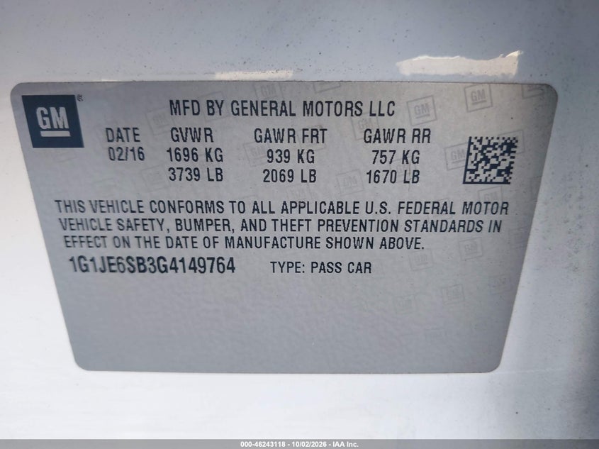 CHEVROLET SONIC 2016 VIN 1G1JE6SB3G4149764
