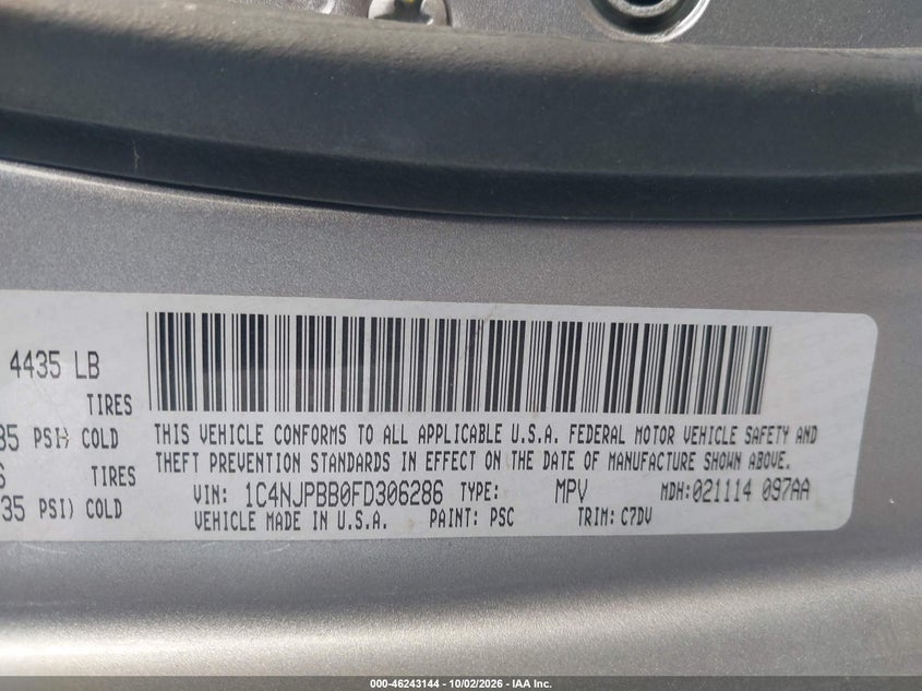 JEEP PATRIOT 2015 VIN 1C4NJPBB0FD306286