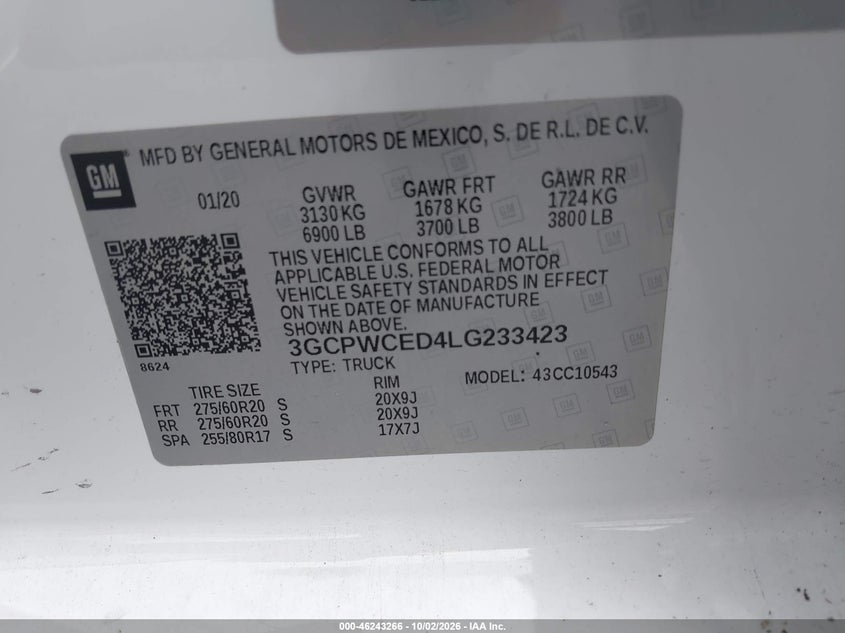 CHEVROLET SILVERADO 1500 2020 VIN 3GCPWCED4LG233423
