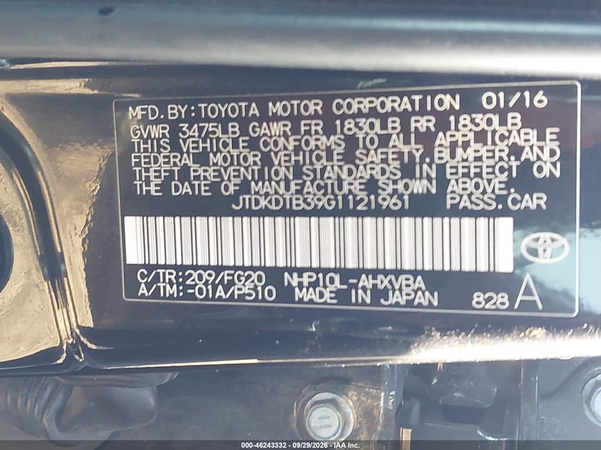 TOYOTA PRIUS C 2016 VIN JTDKDTB39G1121961