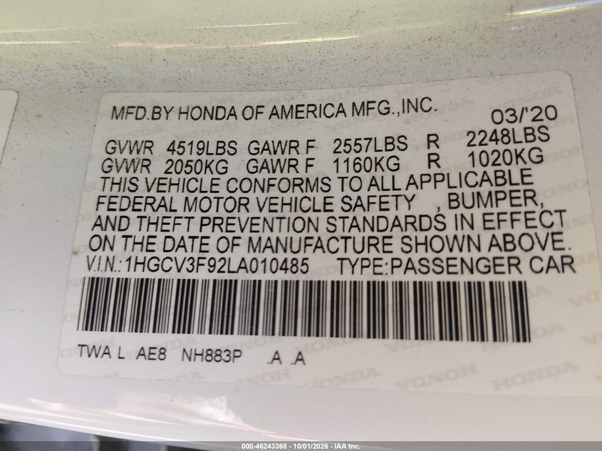 HONDA ACCORD HYBRID 2020 VIN 1HGCV3F92LA010485