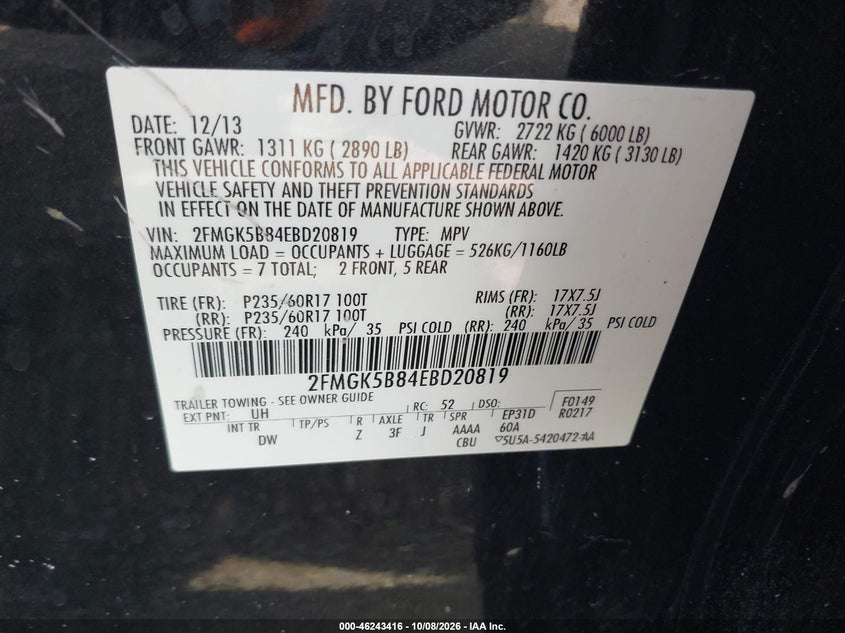 FORD FLEX 2014 VIN 2FMGK5B84EBD20819